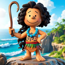 A 3D rendered cartoon character from Peanuts transformed into Maui from Moana