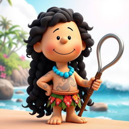 A 3D rendered cartoon character from Peanuts transformed into Maui from Moana