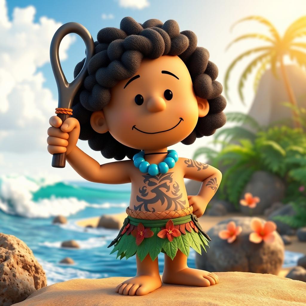 A 3D rendered cartoon character from Peanuts transformed into Maui from Moana