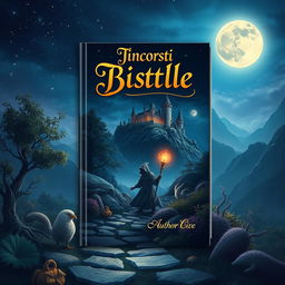 An enchanting book cover design featuring a mysterious fantasy landscape