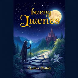 An enchanting book cover design featuring a mysterious fantasy landscape
