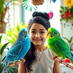 A charming scene featuring two budgies, one blue and one green, playfully perched between a young girl with an elegant black hair updo