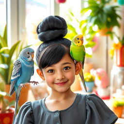 A charming scene featuring two budgies, one blue and one green, playfully perched between a young girl with an elegant black hair updo
