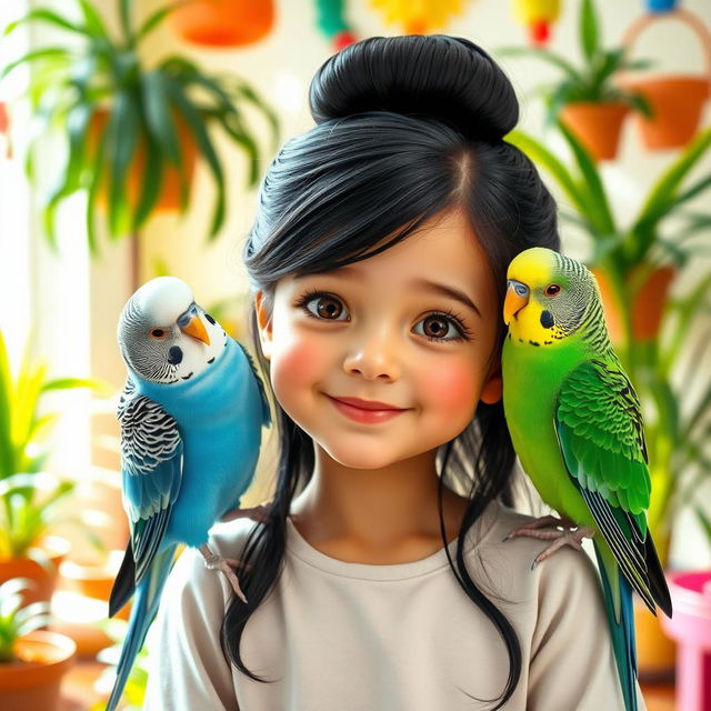 A charming scene featuring two budgies, one blue and one green, playfully perched between a young girl with an elegant black hair updo