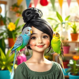A charming scene featuring two budgies, one blue and one green, playfully perched between a young girl with an elegant black hair updo