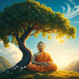 A serene and beautiful depiction of Buddha, sitting peacefully under a lush Bodhi tree