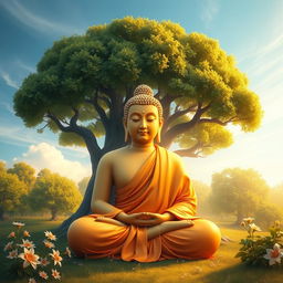 A serene and beautiful depiction of Buddha, sitting peacefully under a lush Bodhi tree