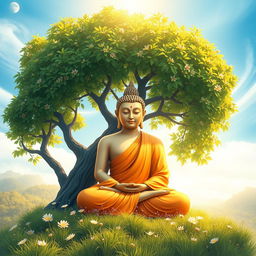 A serene and beautiful depiction of Buddha, sitting peacefully under a lush Bodhi tree
