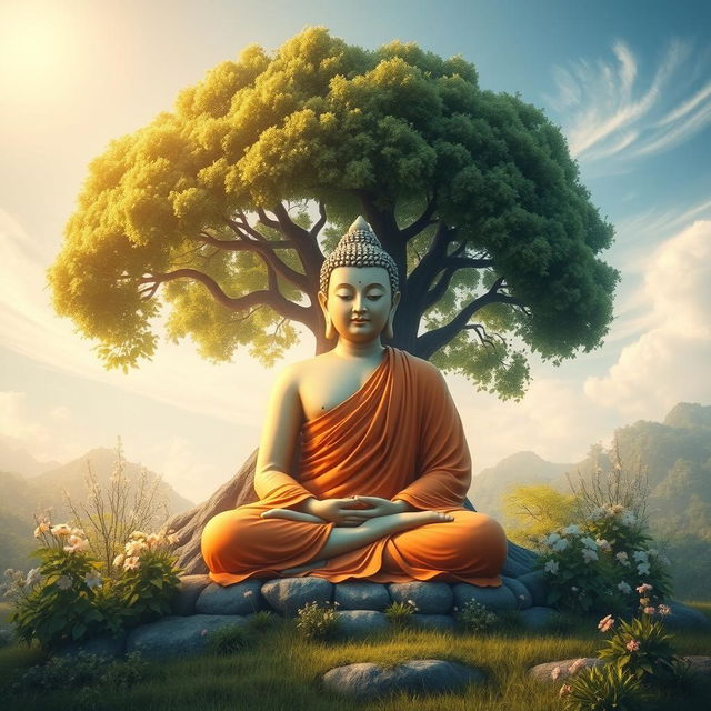 A serene and beautiful depiction of Buddha, sitting peacefully under a lush Bodhi tree