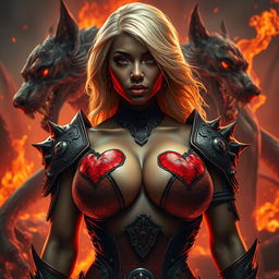 A striking image of a black woman with big breasts adorned with broken heart tattoos