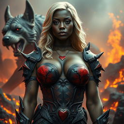 A striking image of a black woman with big breasts adorned with broken heart tattoos