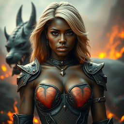 A striking image of a black woman with big breasts adorned with broken heart tattoos