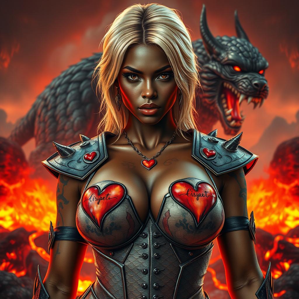 A striking image of a black woman with big breasts adorned with broken heart tattoos