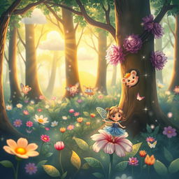 A whimsical and enchanting forest scene with cute, ethereal creatures peeking from behind trees and flowers