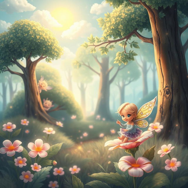 A whimsical and enchanting forest scene with cute, ethereal creatures peeking from behind trees and flowers