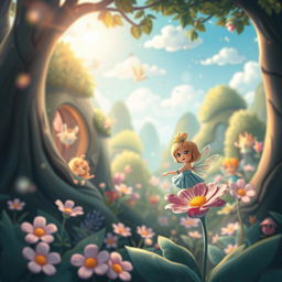 A whimsical and enchanting forest scene with cute, ethereal creatures peeking from behind trees and flowers