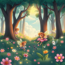 A whimsical and enchanting forest scene with cute, ethereal creatures peeking from behind trees and flowers
