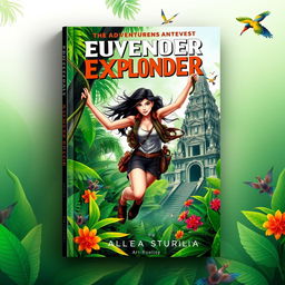 A dynamic book cover design featuring an adventurous female explorer in a lush jungle