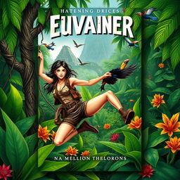 A dynamic book cover design featuring an adventurous female explorer in a lush jungle