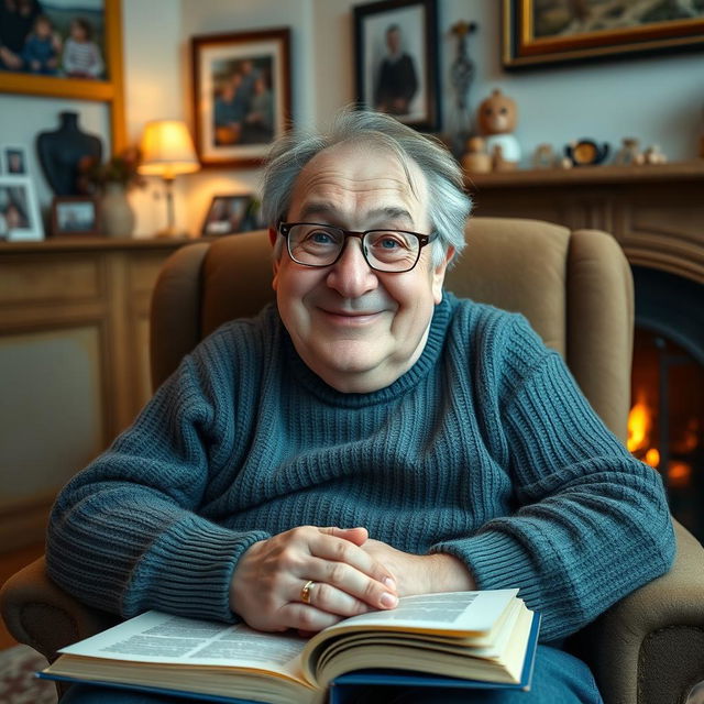 An old, chubby man with bright blue eyes and a large nose, sitting comfortably in a cozy chair by a fireplace