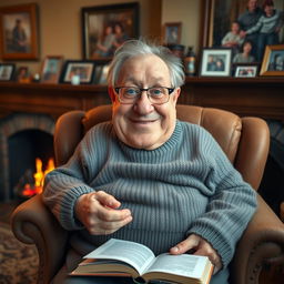 An old, chubby man with bright blue eyes and a large nose, sitting comfortably in a cozy chair by a fireplace