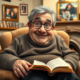 An old, chubby man with bright blue eyes and a large nose, sitting comfortably in a cozy chair by a fireplace