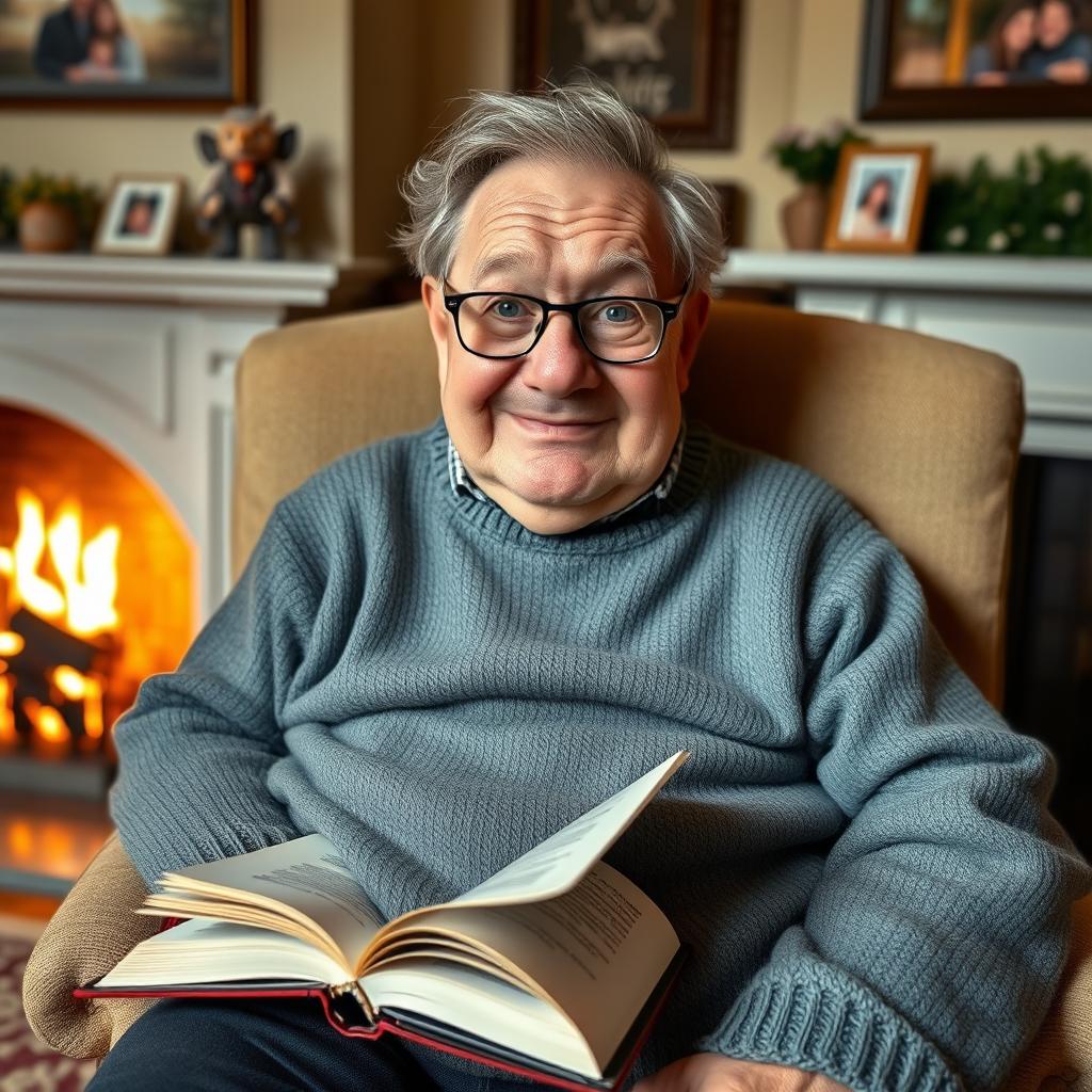 An old, chubby man with bright blue eyes and a large nose, sitting comfortably in a cozy chair by a fireplace