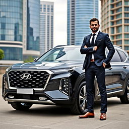A successful entrepreneur standing proudly beside a luxurious Hyundai Palisade, showcasing its sleek design and shiny exterior