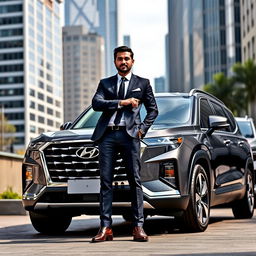 A successful entrepreneur standing proudly beside a luxurious Hyundai Palisade, showcasing its sleek design and shiny exterior