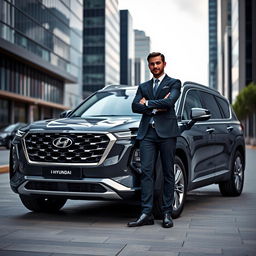 A successful entrepreneur standing proudly beside a luxurious Hyundai Palisade, showcasing its sleek design and shiny exterior