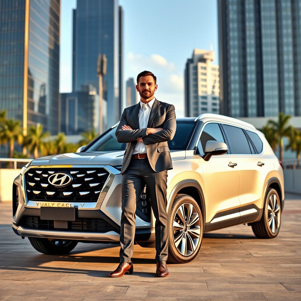A successful entrepreneur standing proudly beside a luxurious Hyundai Palisade, showcasing its sleek design and shiny exterior