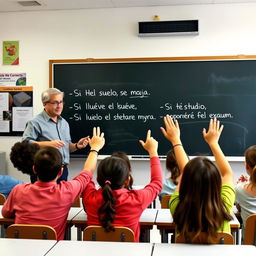 A classroom scene featuring a teacher standing in front of a blackboard explaining conditional sentences