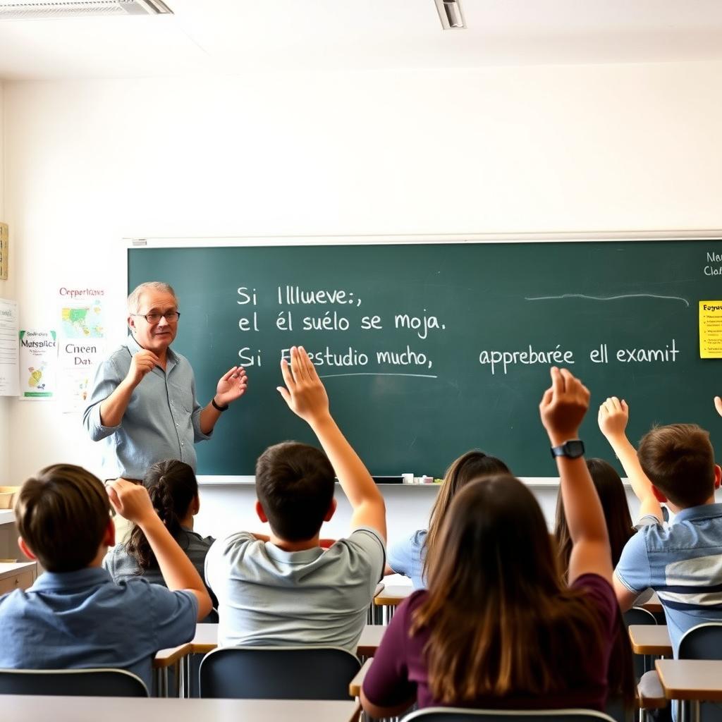 A classroom scene featuring a teacher standing in front of a blackboard explaining conditional sentences