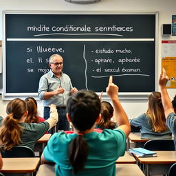 A classroom scene featuring a teacher standing in front of a blackboard explaining conditional sentences