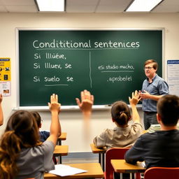 A classroom scene featuring a teacher standing in front of a blackboard explaining conditional sentences