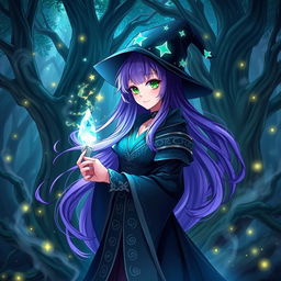An enchanting anime witch standing in a mystical forest, with vibrant, magical energy swirling around her