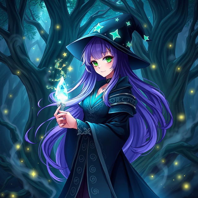 An enchanting anime witch standing in a mystical forest, with vibrant, magical energy swirling around her