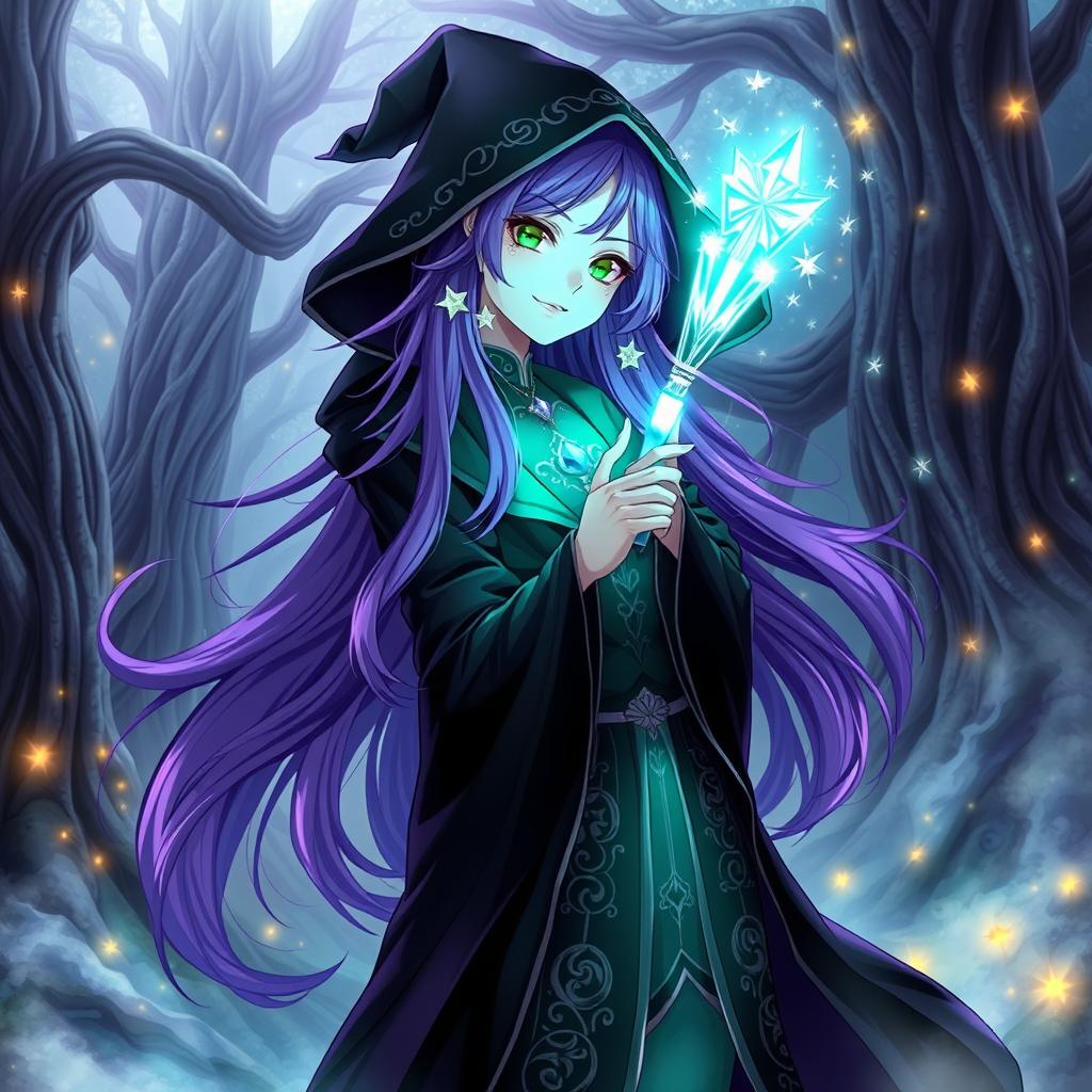 An enchanting anime witch standing in a mystical forest, with vibrant, magical energy swirling around her