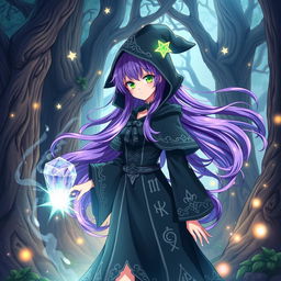 An enchanting anime witch standing in a mystical forest, with vibrant, magical energy swirling around her
