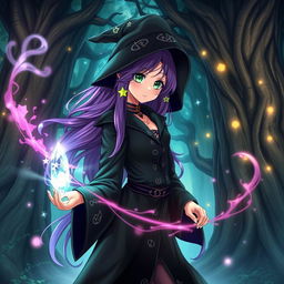 An enchanting anime witch standing in a mystical forest, with vibrant, magical energy swirling around her