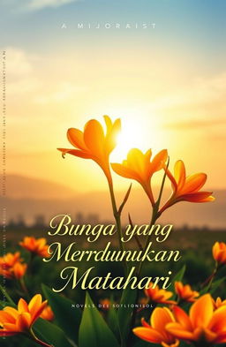 A captivating novel cover design featuring a vibrant bloom of exotic flowers, each petal glistening with the golden hues of sunlight