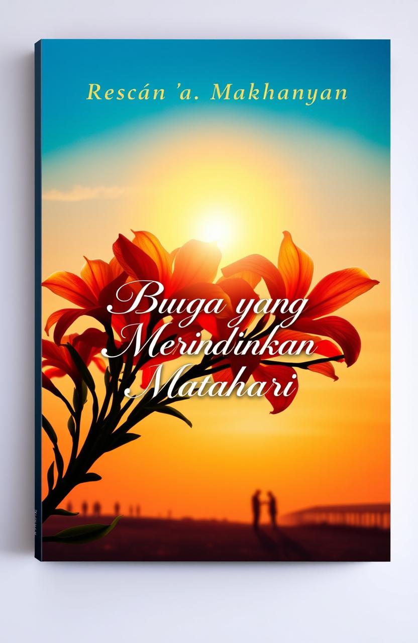 A captivating novel cover design featuring a vibrant bloom of exotic flowers, each petal glistening with the golden hues of sunlight