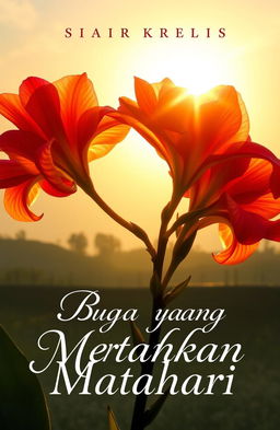 A captivating novel cover design featuring a vibrant bloom of exotic flowers, each petal glistening with the golden hues of sunlight