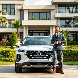 A successful entrepreneur proudly showcasing their luxurious Hyundai Palisade in a lavish setting
