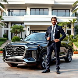 A successful entrepreneur proudly showcasing their luxurious Hyundai Palisade in a lavish setting