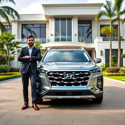 A successful entrepreneur proudly showcasing their luxurious Hyundai Palisade in a lavish setting