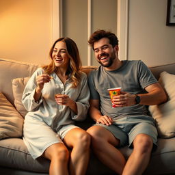 A cozy indoor scene depicting two friends, a female wearing a comfortable sleep outfit with a loose top and shorts, and a male in casual clothes with a t-shirt and shorts