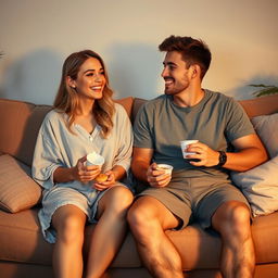 A cozy indoor scene depicting two friends, a female wearing a comfortable sleep outfit with a loose top and shorts, and a male in casual clothes with a t-shirt and shorts