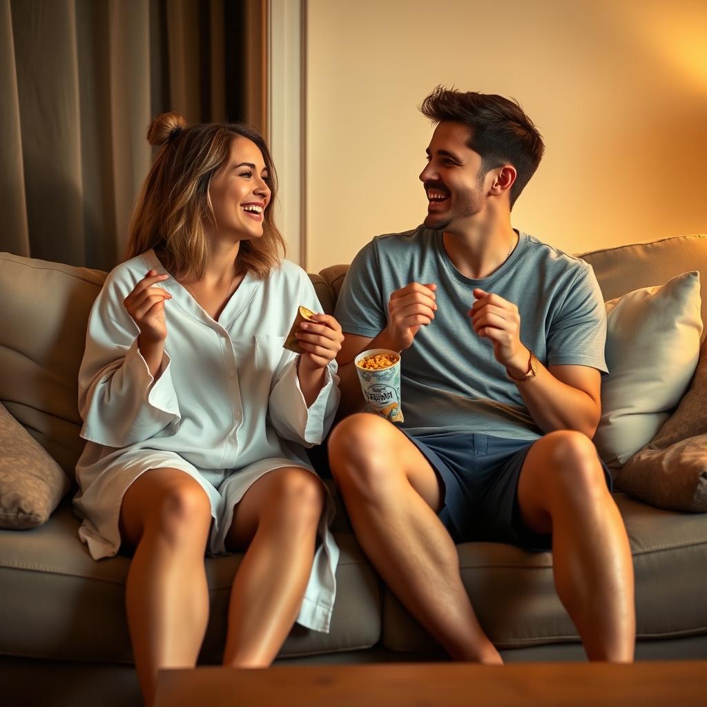 A cozy indoor scene depicting two friends, a female wearing a comfortable sleep outfit with a loose top and shorts, and a male in casual clothes with a t-shirt and shorts