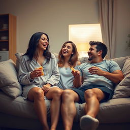 A cozy indoor scene depicting two friends, a female wearing a comfortable sleep outfit with a loose top and shorts, and a male in casual clothes with a t-shirt and shorts